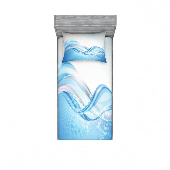 Abstract Bedding Set with Sheet & Covers, Modern Wavy Ocean Surfer Summertime Themed Bubble Detailed Work of Art, Printed Bedroom Decor 2 Shams, 4 Sizes, Pale Blue and White, by Ambesonne