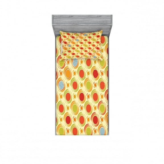 Abstract Bedding Set with Sheet & Covers, Repeating Pattern Colorful Big Little Polka Dots Circles Diagonal Striped Design, Printed Bedroom Decor 2 Shams, 4 Sizes, Multicolor, by Ambesonne