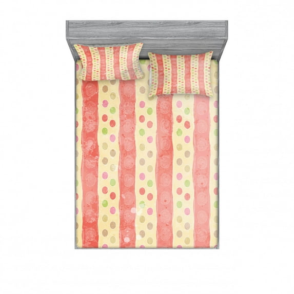 Abstract Bedding Set with Sheet & Covers, Retro Stripes and Dots in Watercolor Featured Effects Nostalgic Pattern, Printed Bedroom Decor 2 Shams, 4 Sizes, Pale Yellow Coral, by Ambesonne