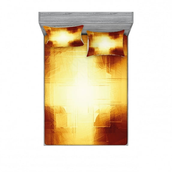 Abstract Bedding Set with Sheet & Covers, Abstract Shapes and Lines in Vibrant Colors with Modern Grid Design, Printed Bedroom Decor 2 Shams, 4 Sizes, Dark Orange and Yellow, by Ambesonne