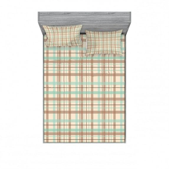 Abstract Bedding Set with Sheet & Covers, Tartan Motif Scottish Fashion Dated Traditional Folk Design, Printed Bedroom Decor 2 Shams, 4 Sizes, Mint Green Beige Umber, by Ambesonne