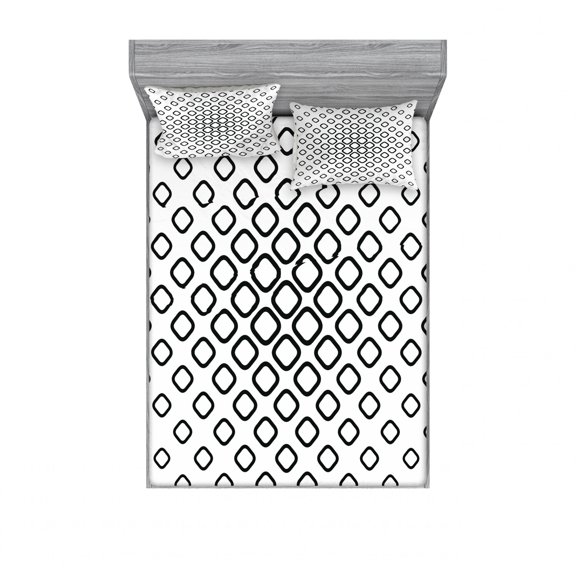 Abstract Bedding Set with Sheet & Covers, Trippy Fractal Geometrical Rounded Square Shapes Minimalist Artisan Pattern, Printed Bedroom Decor 2 Shams, 4 Sizes, Black and White, by Ambesonne