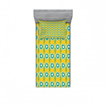 Abstract Bedding Set with Sheet & Covers, Trippy Oval Geometric Forms with Grunge Lines Raindrops Doodle Art, Printed Bedroom Decor 2 Shams, 4 Sizes, Almond Green Yellow Teal, by Ambesonne
