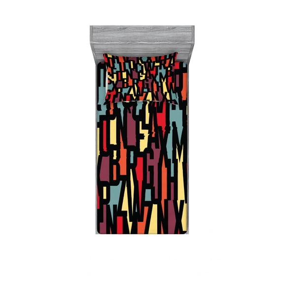 Abstract Bedding Set with Sheet & Covers, Trippy Style Modern Mixed Fractal Funky Forms Unusual Artisan Concept Art Graphic, Printed Bedroom Decor 2 Shams, 4 Sizes, Multicolor, by Ambesonne