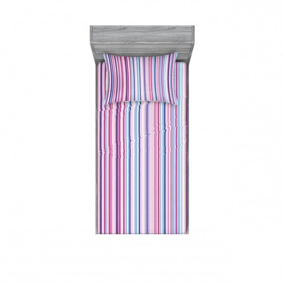 Abstract Bedding Set with Sheet & Covers, Vertical Striped Gradient Different Colored Lines Tile Bands Image, Printed Bedroom Decor 2 Shams, 4 Sizes, Baby Pink Sky Blue, by Ambesonne
