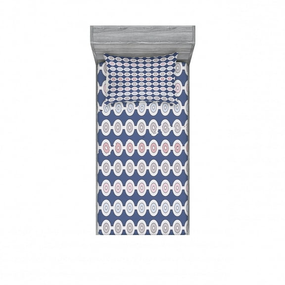 Abstract Bedding Set with Sheet & Covers, Vintage Disc Shaped Circles on Horizontal Row Strings of Beads Motif, Printed Bedroom Decor 2 Shams, 4 Sizes, Pale Grey Blush and Blue, by Ambesonne