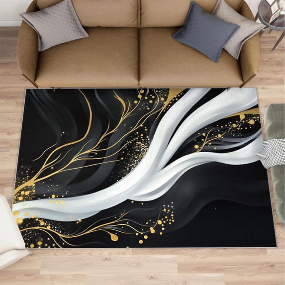 Abstract Bedroom Area Rug, Black Gold Rugs for Living Room, Modern ...