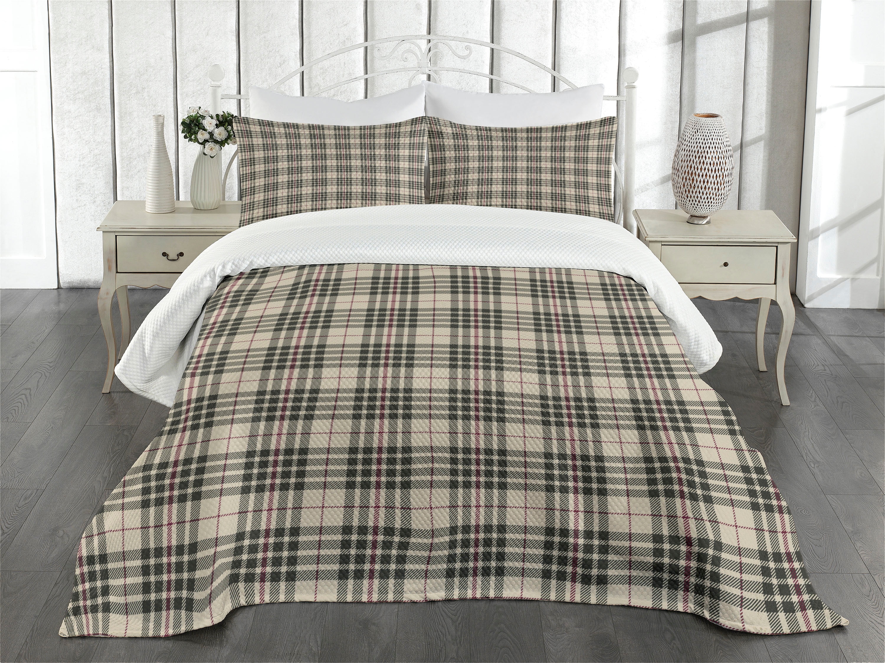 Abstract Bedspread Set King Size, Traditional Tartan Pattern British