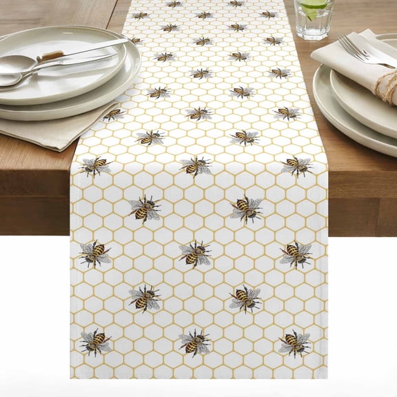 Abstract Bee Cotton Linen Table Runner Hive Lines Spring Pastoral Country Abstract Dining Table Runners for Home Decor Party Dining Room Restaurant Kitchen 13" x 108"