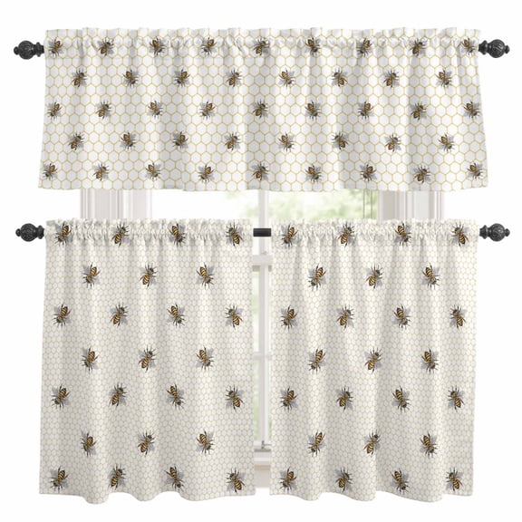 Abstract Bee Kitchen Curtains Valance and Tier Set Hive Lines Spring Pastoral Country Abstract Rod Pocket Short Curtains for Small Window 3 Pieces Set for Bedroom Bathroom Cafe (54" x 18"+27" x 36")
