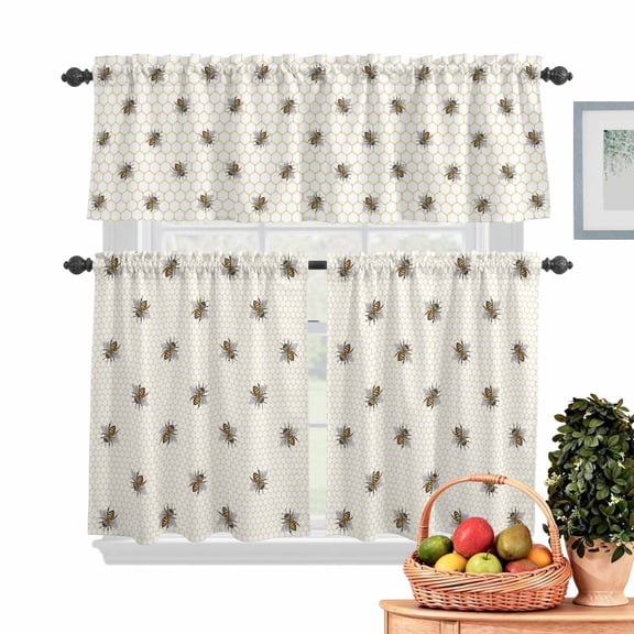 Abstract Bee Kitchen Curtains Valances 3 Piece Set, Hive Lines Spring Pastoral Country Abstract Rod Pocket Tier Curtain and Valance Drapes for Small Window 24 Inch Length for Bedroom Cafe