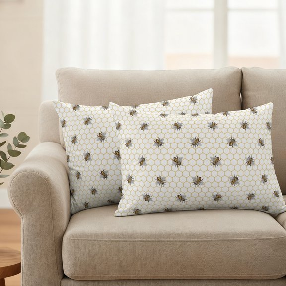 Abstract Bee Outdoor Pillow Covers 20"x12" Set of 2 Waterproof Throw Pillow Covers for Living Room Sofa Patio Garden Hive Lines Spring Pastoral Country Abstract Faux Linen Cushion Case