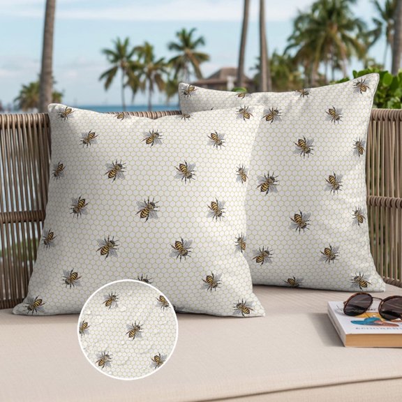Abstract Bee Outdoor Waterproof Throw Pillow Covers Set of 2, 16"x16", Hive Lines Spring Pastoral Country Abstract Decorative Pillow Covers Outside Cushion Case for Patio Porch Garden