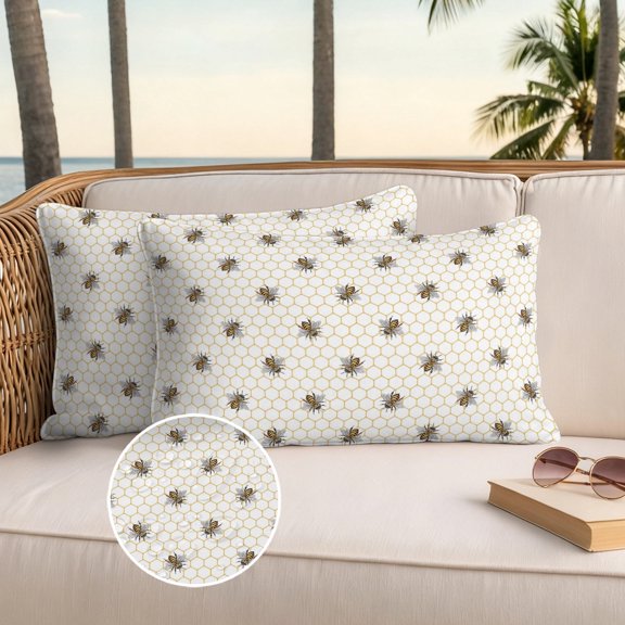 Abstract Bee Outdoor Waterproof Throw Pillow Covers Set of 2, 20"x12", Hive Lines Spring Pastoral Country Abstract Decorative Pillow Covers Outside Cushion Case for Patio Porch Garden