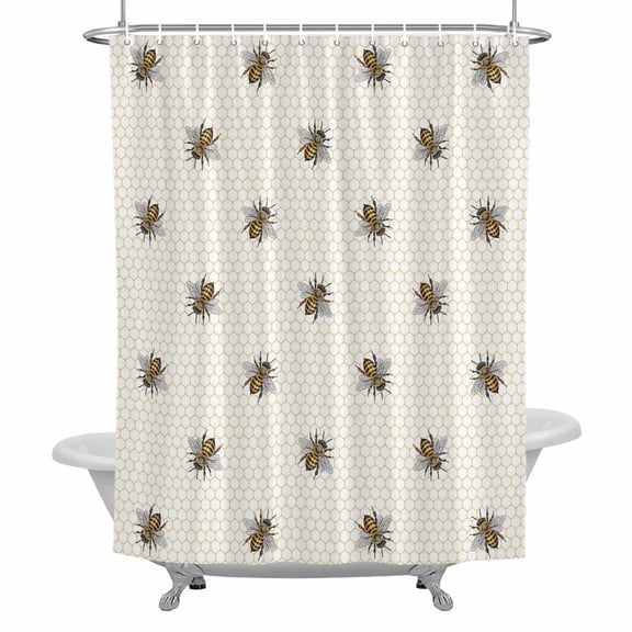 Abstract Bee Shower Curtain for Bathroom, Hive Lines Spring Pastoral Country Abstract Waterproof Cloth Fabric Bathroom Accessories Set with 12 Rust Proof Plastic Hooks, 36"x72"