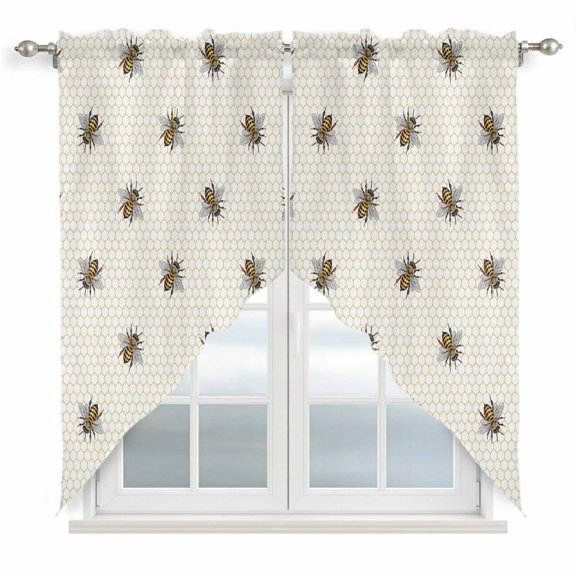 Abstract Bee Swag Curtain Valance for Window 2 Panels Hive Lines Spring Pastoral Country Abstract Rod Pocket Small Window Swag Valances for Kitchen Bedroom Bathroom 28" W x 36" L