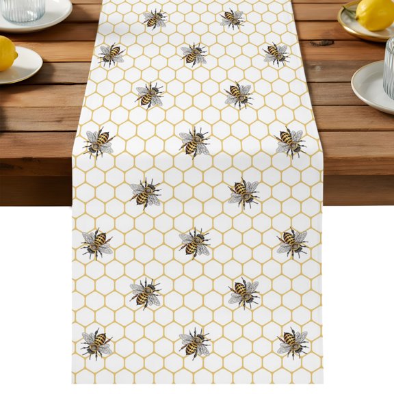 Abstract Bee Table Runner, Hive Lines Spring Pastoral Country Abstract Cotton Linen Kitchen Dining Table Runner Home Decor for Party Festival Holiday Decoration Gift 13x36in