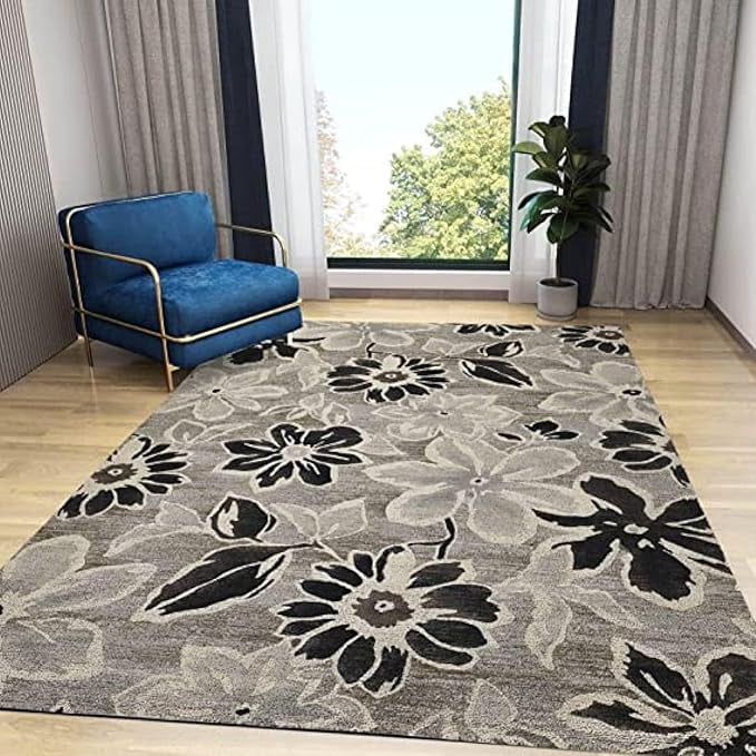 Abstract Beige Black Ink Floral Texture Area Rug, Distressed Vintage ...