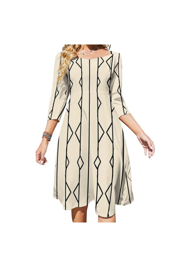 Abstract Beige Black Line Pattern Women's Fall Dresses Casual Loose Flowy Swing Shift Dress