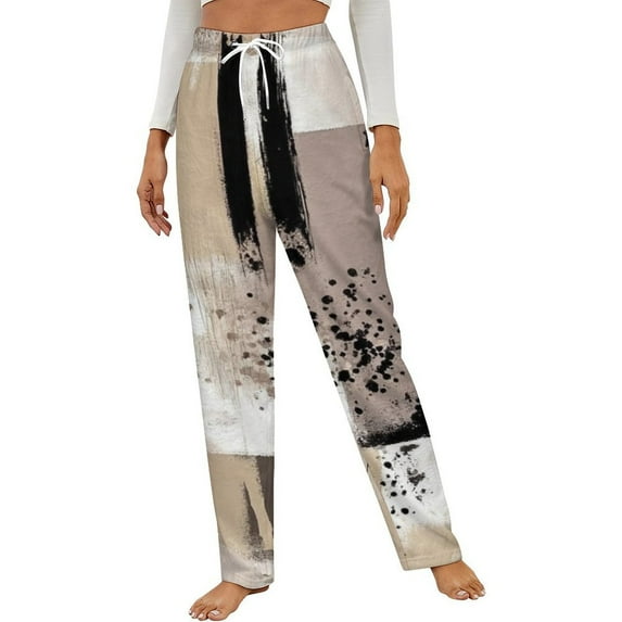 Abstract Beige Brown Artwork Winter Female Pants Flannel High Waist Women Pants Lady Warm Straight Leg Plush Trousers