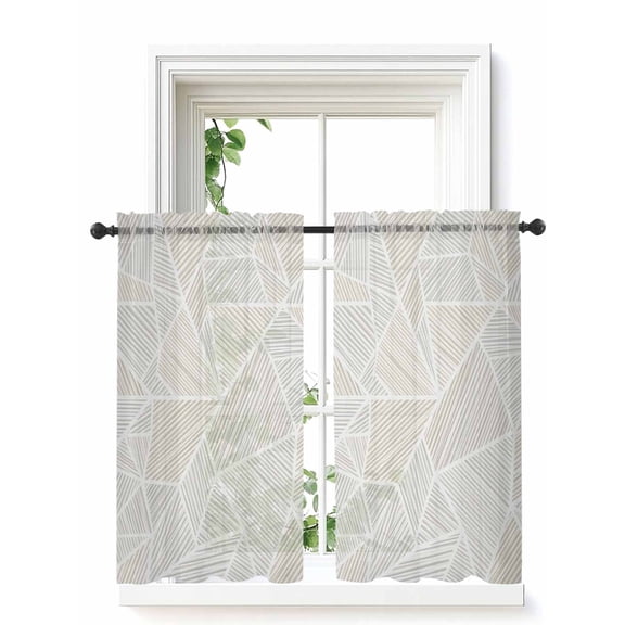 Abstract Beige Cream Curtains 45 Inch Length, Sheer Curtains for Bedroom Living Room Window Geometric Line Triangle Rod Pocket Voile Drapes Kitchen Curtains Small Half Window 42"x45" 2 Panels