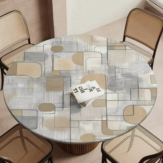 Abstract Beige Geometric Art Round Table Cover Kitchen Printed ...