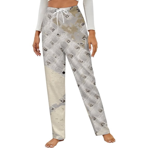 Abstract Beige Grid Pattern Winter Female Pants Flannel High Waist Women Pants Lady Warm Straight Leg Plush Trousers