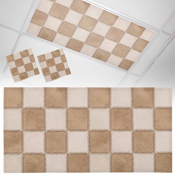 Abstract Beige Patchwork Fluorescent Light Covers Country Farmhouse Boho Brown Plaid Magnetic Light Filters Ceiling Lighting Panel Shade for Classroom Office Home 2 x 4 ft, 2 Pack