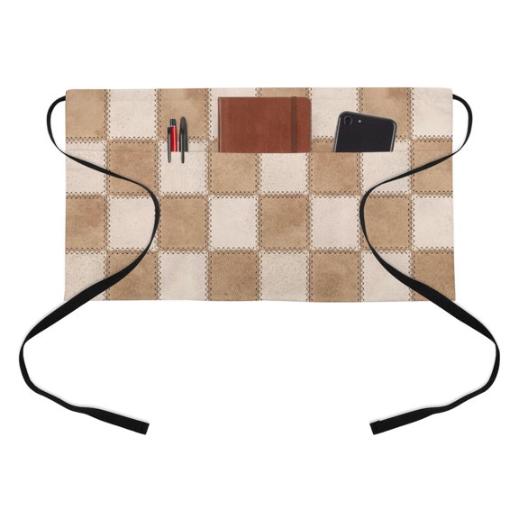 Abstract Beige Patchwork Kitchen Restaurant Half Waist Apron, Country Farmhouse Boho Brown Plaid Server Short Apron with 3 Pockets Waterproof Oil Waist Aprons for Women Waitress Waiter