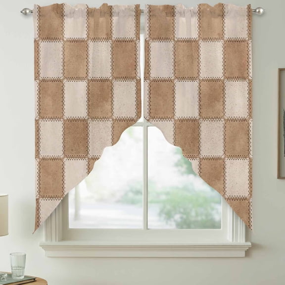 Abstract Beige Patchwork Swag Kitchen Curtain Valances, Country Farmhouse Boho Brown Plaid Rod Pocket Curtains Window Treatment Decor Valances for Bedroom Bathroom, 2 Panels 36 x 36 Inch
