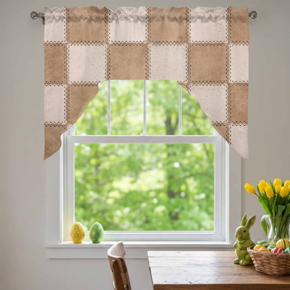 Abstract Beige Patchwork Swag Valances for Kitchen Window, Country Farmhouse Boho Brown Plaid Small Swag Valances Rod Pocket Curtain Drapes Window Treatment for Bedroom Bathroom, 56x36 Inch