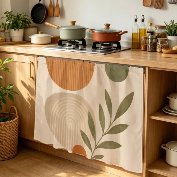 Abstract Beige Terracotta Cabinet Curtains for Kitchen 35"Wx35"L, Boho Minimalist Half Circle Leaf Botanical Laundry Sink Cabinets Magic Tape Short Curtain Privacy Panel for Bathroom Vanity Cabinets