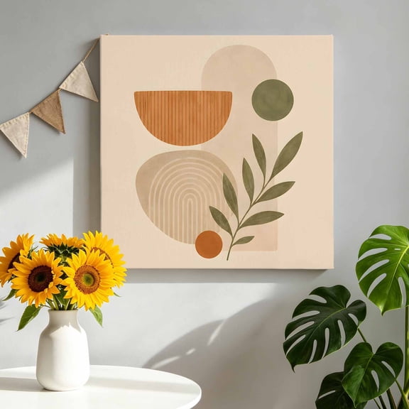 Abstract Beige Terracotta Canvas Wall Art, Boho Minimalist Half Circle Leaf Botanical Framed Canvas Wall Decor Picture Print Artwork Decorations for Living Room Office Ready to Hang 8" x 8"