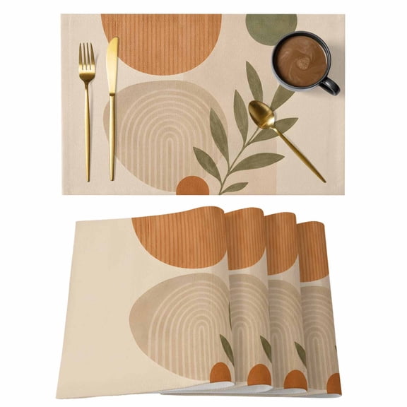 Abstract Beige Terracotta Placemats Set of 1, Boho Minimalist Half Circle Leaf Botanical Non-Slip Place Mats Washable Table Mats for Kitchen Dining Table Decorations Indoor/Outdoor