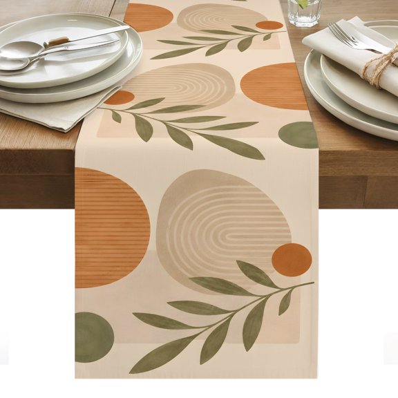 Abstract Beige Terracotta Table Runner, Boho Minimalist Half Circle Leaf Botanical Washable Kitchen Table Runners for Dining Table Decorations Party/Restaurant/Indoor Outdoor Use, 13x36in