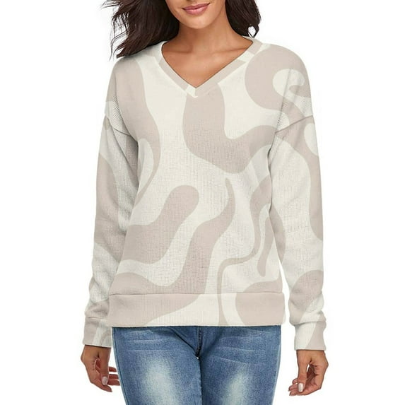 Abstract Beige Wavy Pattern Design V-neck Sweater Winter Clothes Long Sleeve Knitwear Sweater Women's Pullover