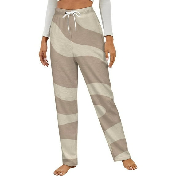 Abstract Beige Wavy Pattern Design Winter Female Pants Flannel High Waist Women Pants Lady Warm Straight Leg Plush Trousers