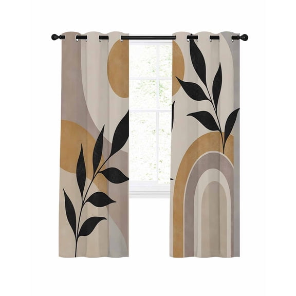 Abstract Beige Yellow Blackout Curtains for Bedroom Living Room, Boho Minimalist Curved Arch Arches Circle 63 In Long Thermal Insulated Room Darkening Drapes Grommet Window Treatments, 52 x 63 In