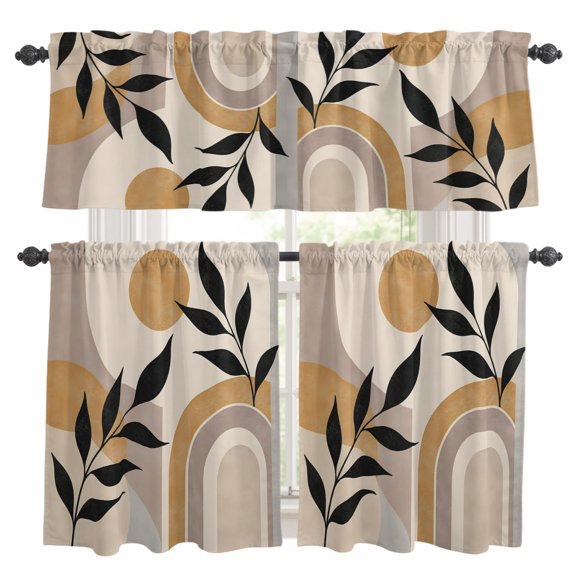 Abstract Beige Yellow Kitchen Curtains Valances 3 Piece Set, Boho Minimalist Curved Arch Arches Circle Rod Pocket Tier Curtain and Valance Drapes for Small Window 24 Inch Length for Bedroom Cafe