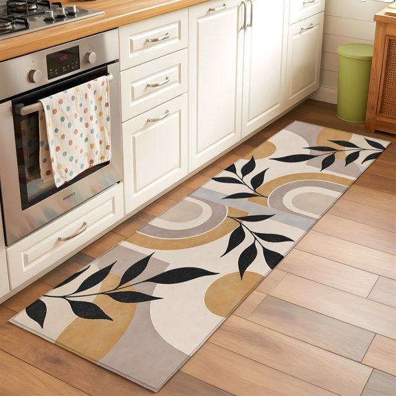 Abstract Beige Yellow Runner Rug Non Slip 2x6 Boho Minimalist Curved Arch Arches Circle Washable Rug Runner for Hallways Low Pile Kitchen Rugs Stain Resist Carpet for Bathroom Bedroom Entryway