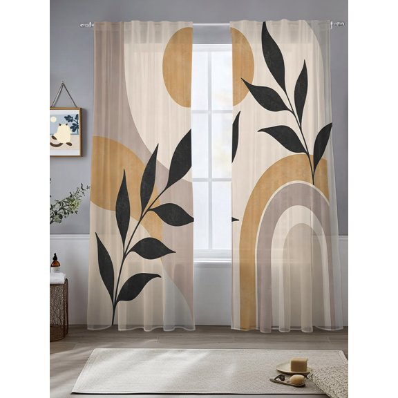 Abstract Beige Yellow Sheer Curtains 96 inches Long, Boho Minimalist Curved Arch Arches Circle Light Filtering Sheer Window Curtains Rod Pocket Voile Drapes for Bedroom Living Room, 2 Panels