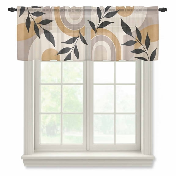 Abstract Beige Yellow Sheer Valances for Windows, Boho Minimalist Curved Arch Arches Circle Semi Sheer Kitchen Valance Rod Pocket Small Voile Window Curtains for Living Room Bedroom 42 x 12 Inch