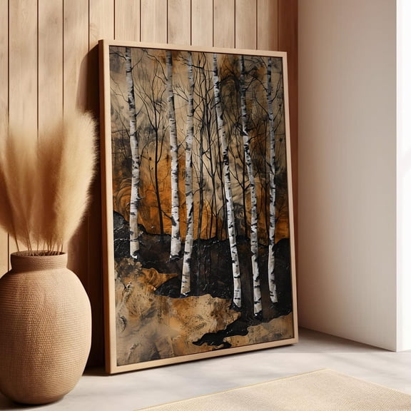 Abstract Birch Tree Dark Forest Wall Art Rustic Decor, Unframed Paper Print Size 8x12