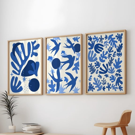 Abstract Bird Cutout Blue Leaf Collage Wall Art Set 3 Unframed Paper Print 8x12