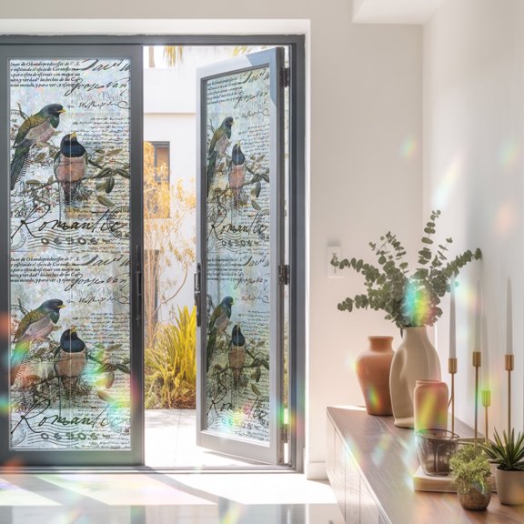 Abstract Bird on Vintage Envelope Window Privacy Film, Rainbow Window Sticker 23.6x78.7in, Colorful Bird Retro Letter Texture Sun Blocking Static Stained Glass Cling Tint Non-Adhesive