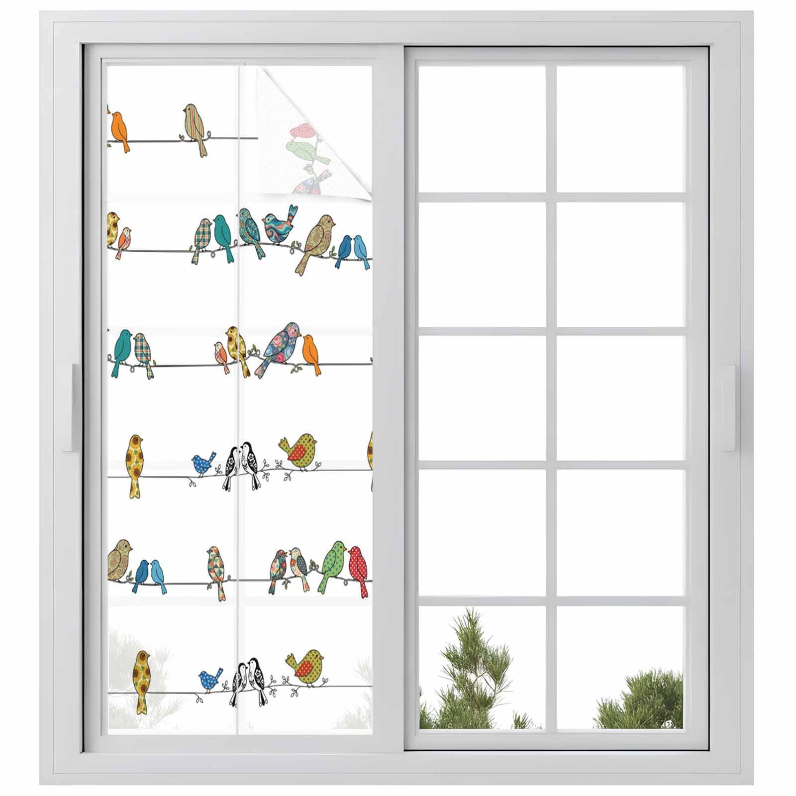 Abstract Bird Window Privacy Film, Cartoon Green Blue Red Orange Bird Stripes Frosted Glass Window Clings Static Cling UV Heat Blocking Reusable Door Sticker for Bathroom 23.6 x 59 Inch