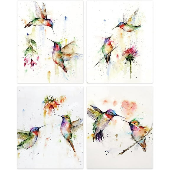Abstract Birds Art print,Hummingbird Wall Prints,Watercolor Hummingbirds on The Flower Wall Art prints,Nature Pictures for Bedroom Walls Living Room Wall Decoration,Set of 4 Prints(8"x10") Unframed