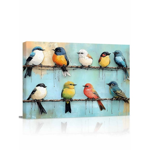 Abstract Birds Canvas Print Wall Art Singing Birds Framed Canvas Art Wall Decor Birds Standing on Wire Pictures Painting Morden Artwork for Living Room Bedroom, Ready to Hang - 12"x16"