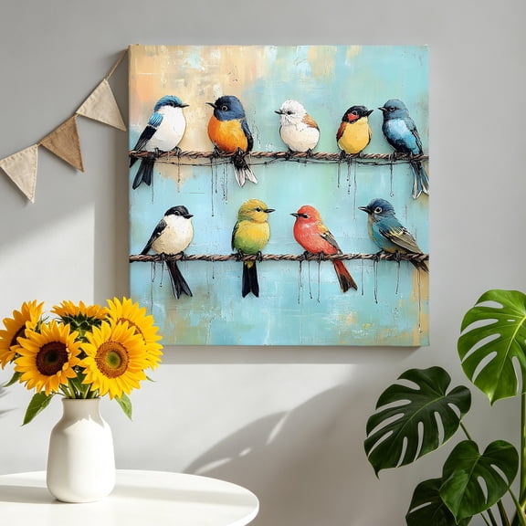 Abstract Birds Canvas Wall Art, Singing Birds Pictures Wall Decor Wooden Framed Artwork Art Prints for Living Room Hallway Bedroom Office 12"x12"