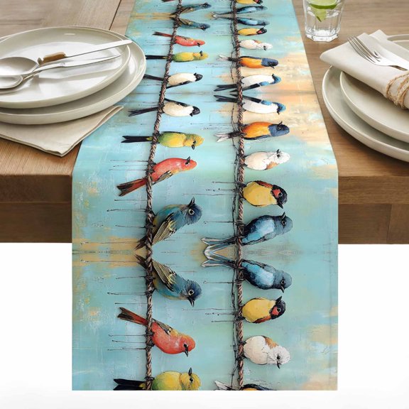 Abstract Birds Cotton Linen Table Runner Singing Birds Dining Table Runners for Home Decor Party Dining Room Restaurant Kitchen 13" x 48"